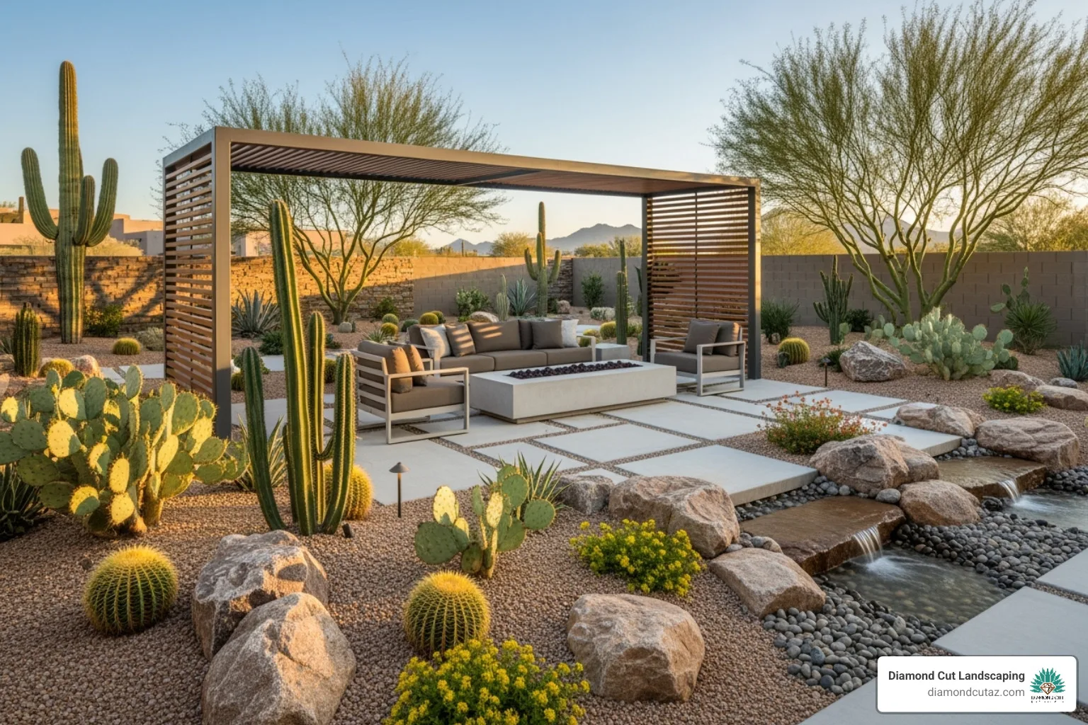 Lush, modern Phoenix desert landscape design with outdoor living space