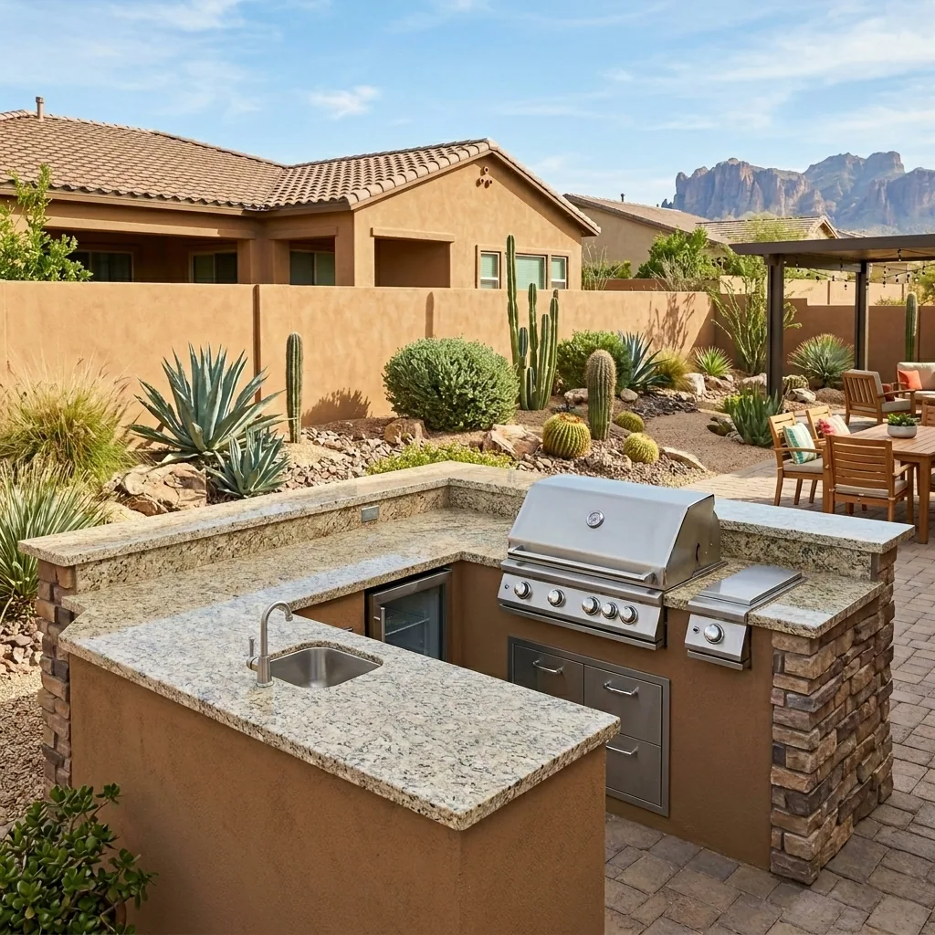 Granite-counter outdoor kitchen island with a built-in grill and sink in a desert backyard