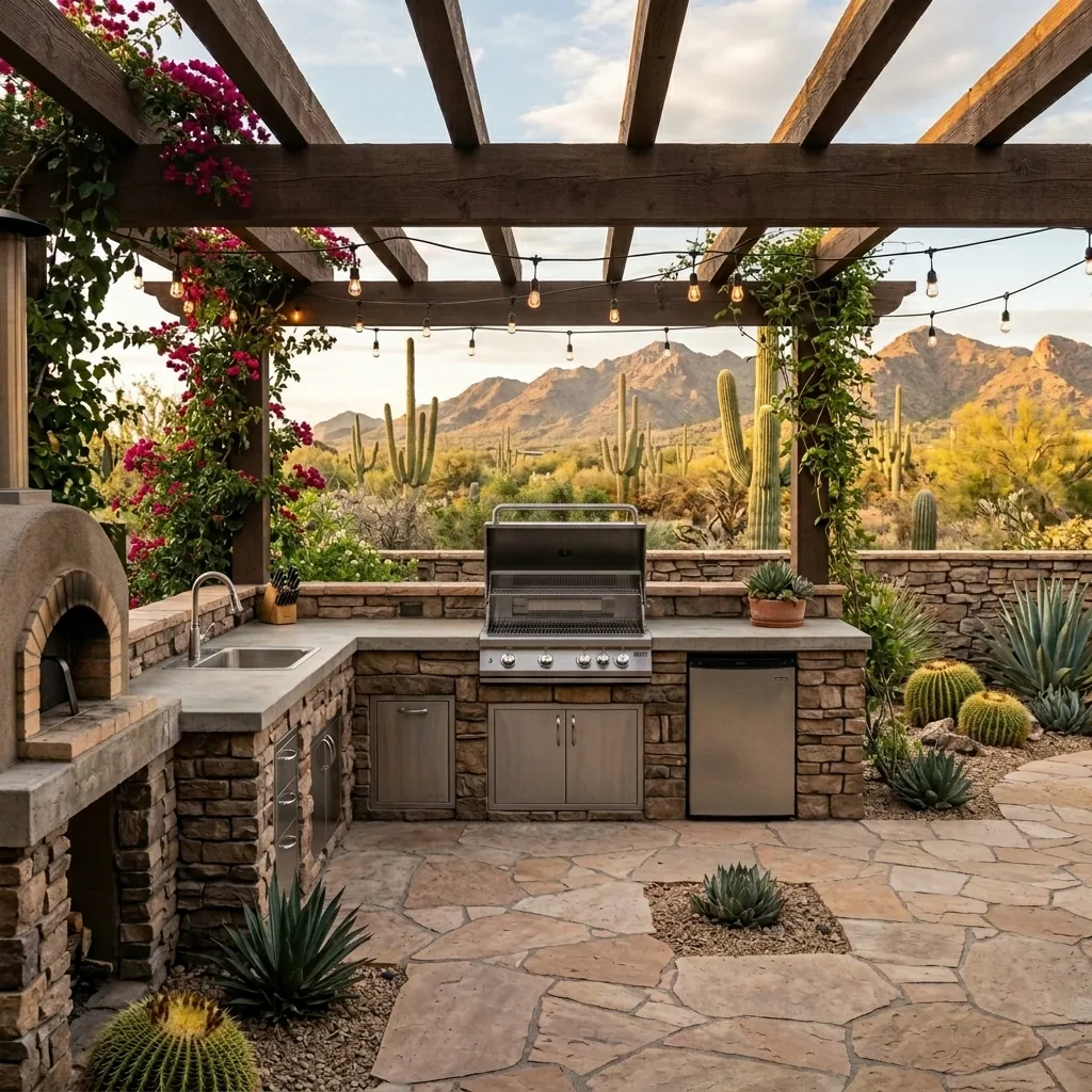 Stone outdoor kitchen with a built-in grill, pizza oven, sink, and stainless storage under a pergola