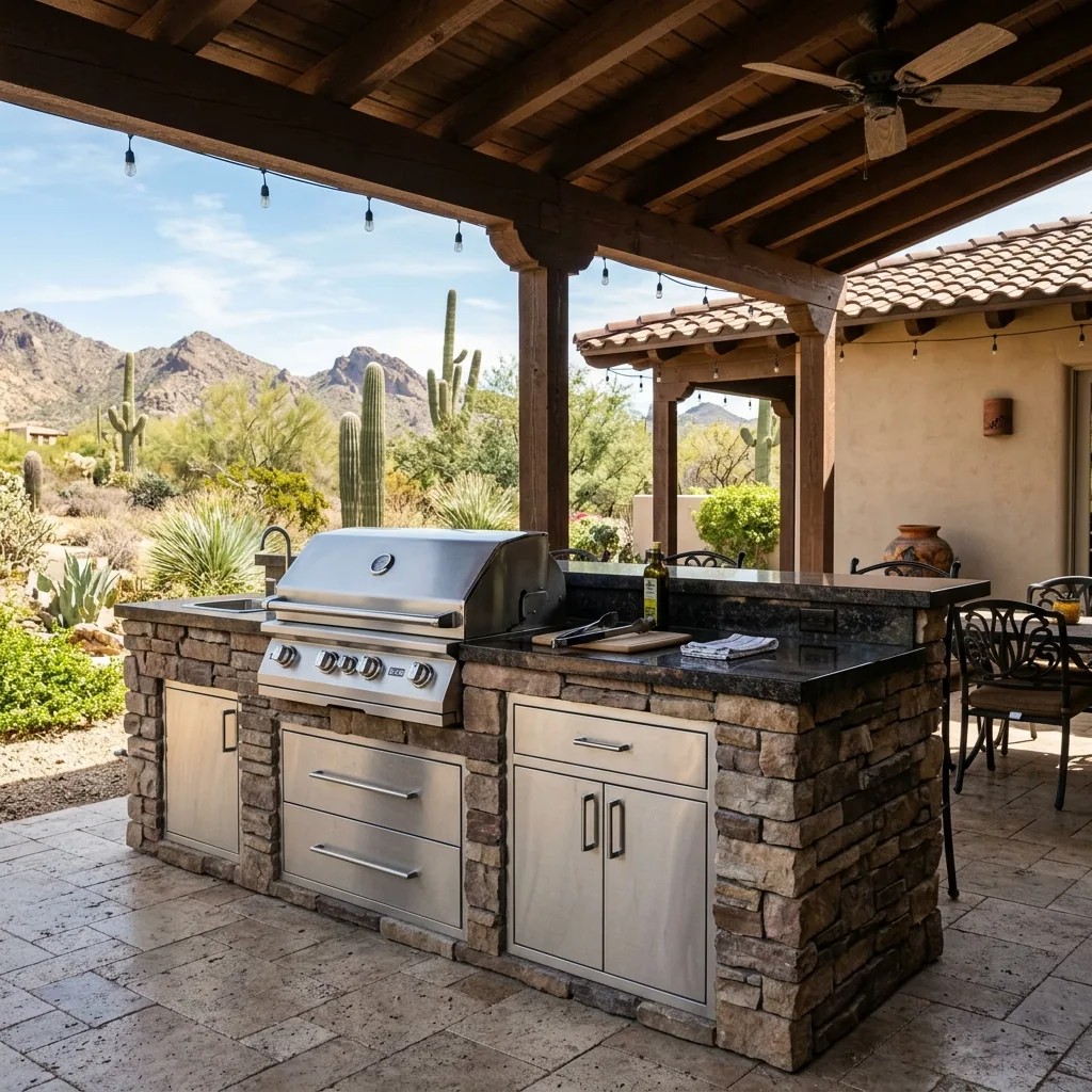 Stone outdoor kitchen island with a stainless grill, doors, and drawers under a pergola