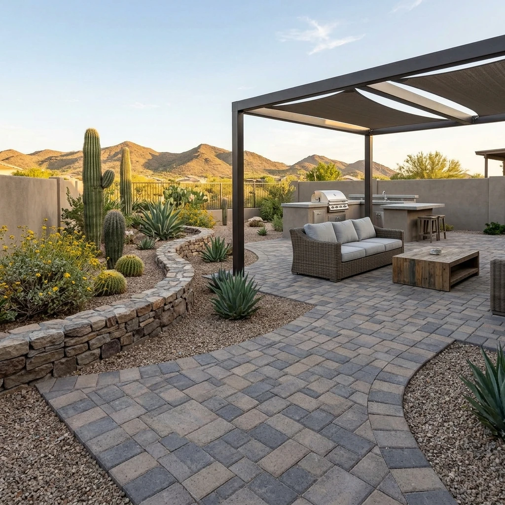 Arizona backyard with interlocking concrete pavers by Diamond Cut Landscape