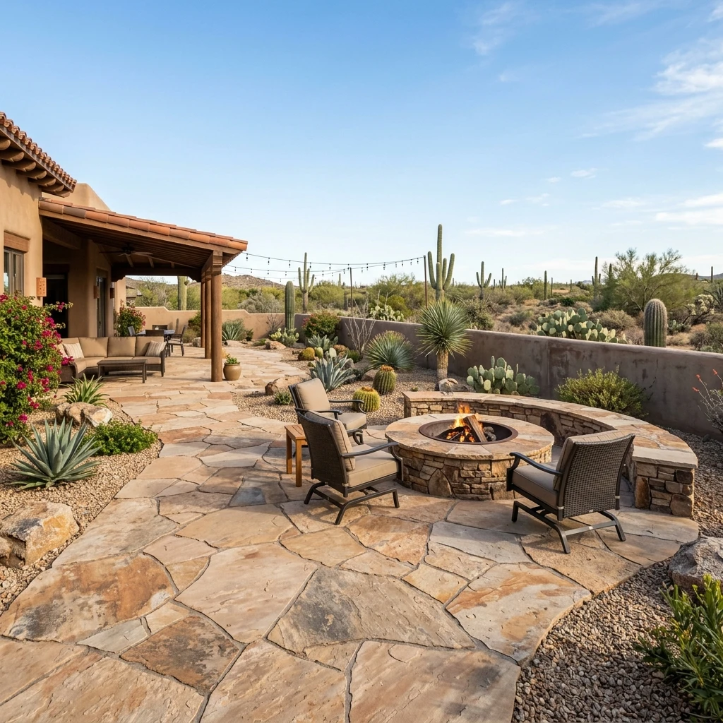 Arizona backyard natural flagstone hardscape by Diamond Cut Landscape