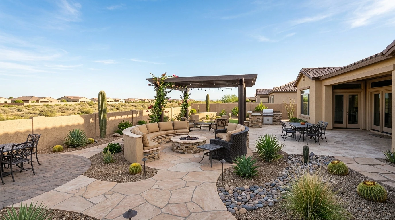 Custom Arizona backyard hardscaping with pavers and seat walls