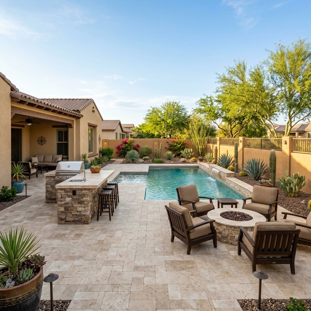 Arizona backyard travertine paver surface by Diamond Cut Landscape