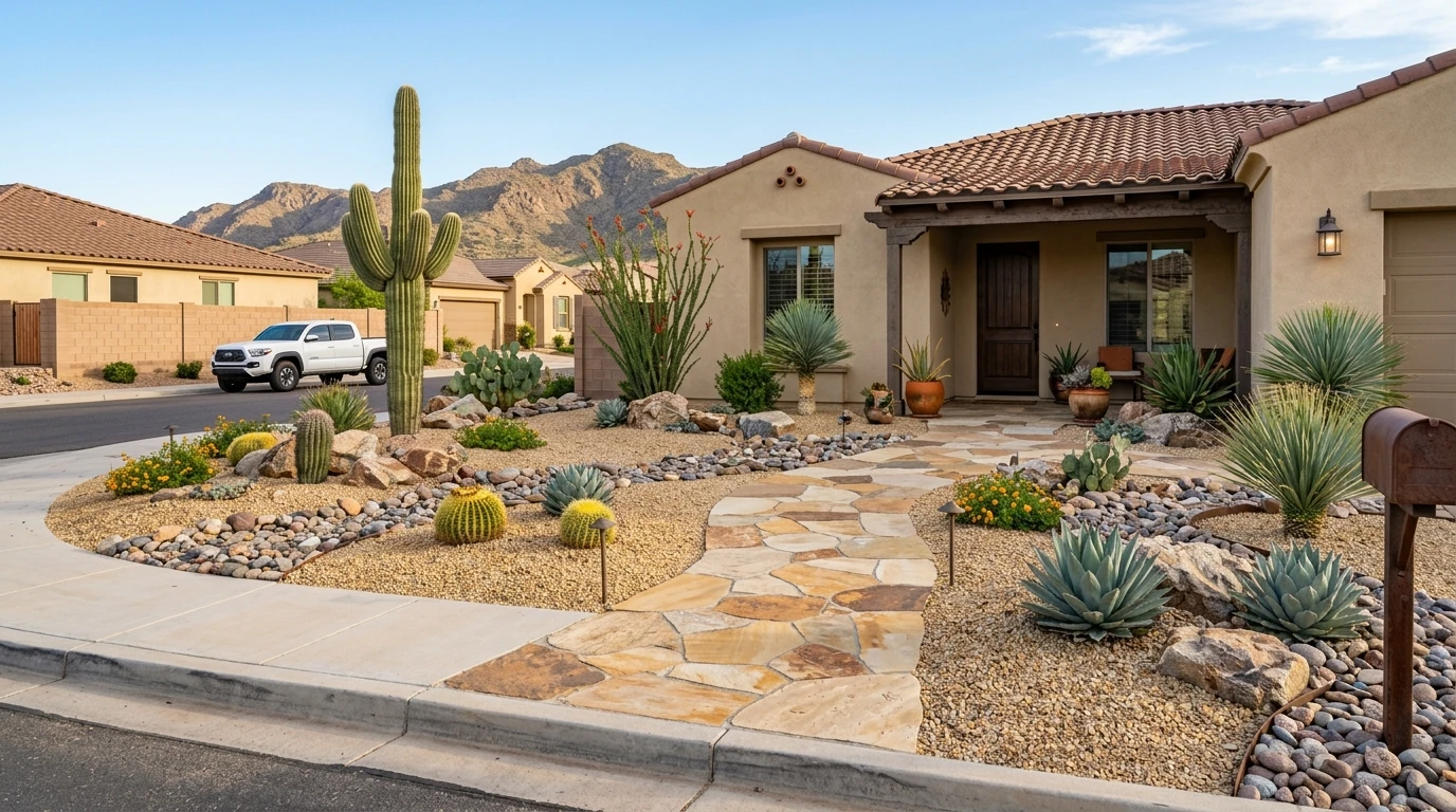 Custom Arizona front-yard hardscape with pavers and desert landscaping