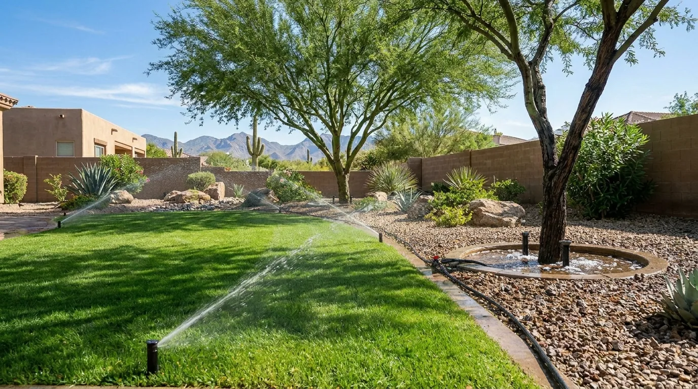 Pop-up sprinklers watering a green backyard lawn beside desert planting and mountain views