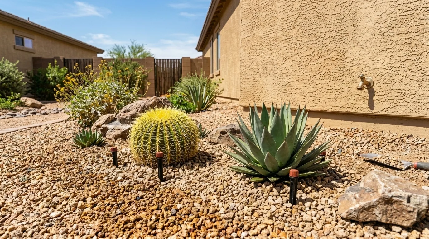 Drip irrigation emitters installed at the base of a barrel cactus and agave in a desert yard