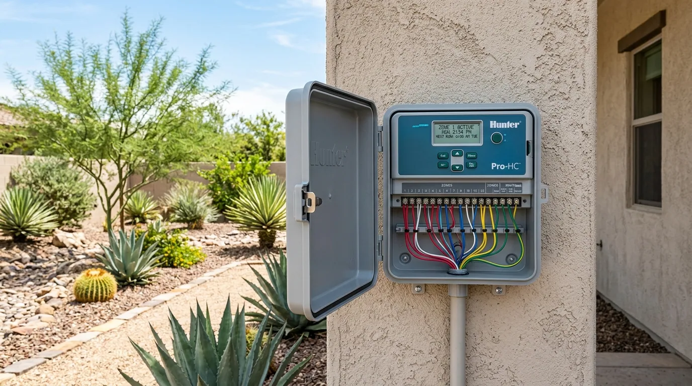 Irrigation control panel mounted on a house wall with zone wiring, beside a desert landscape