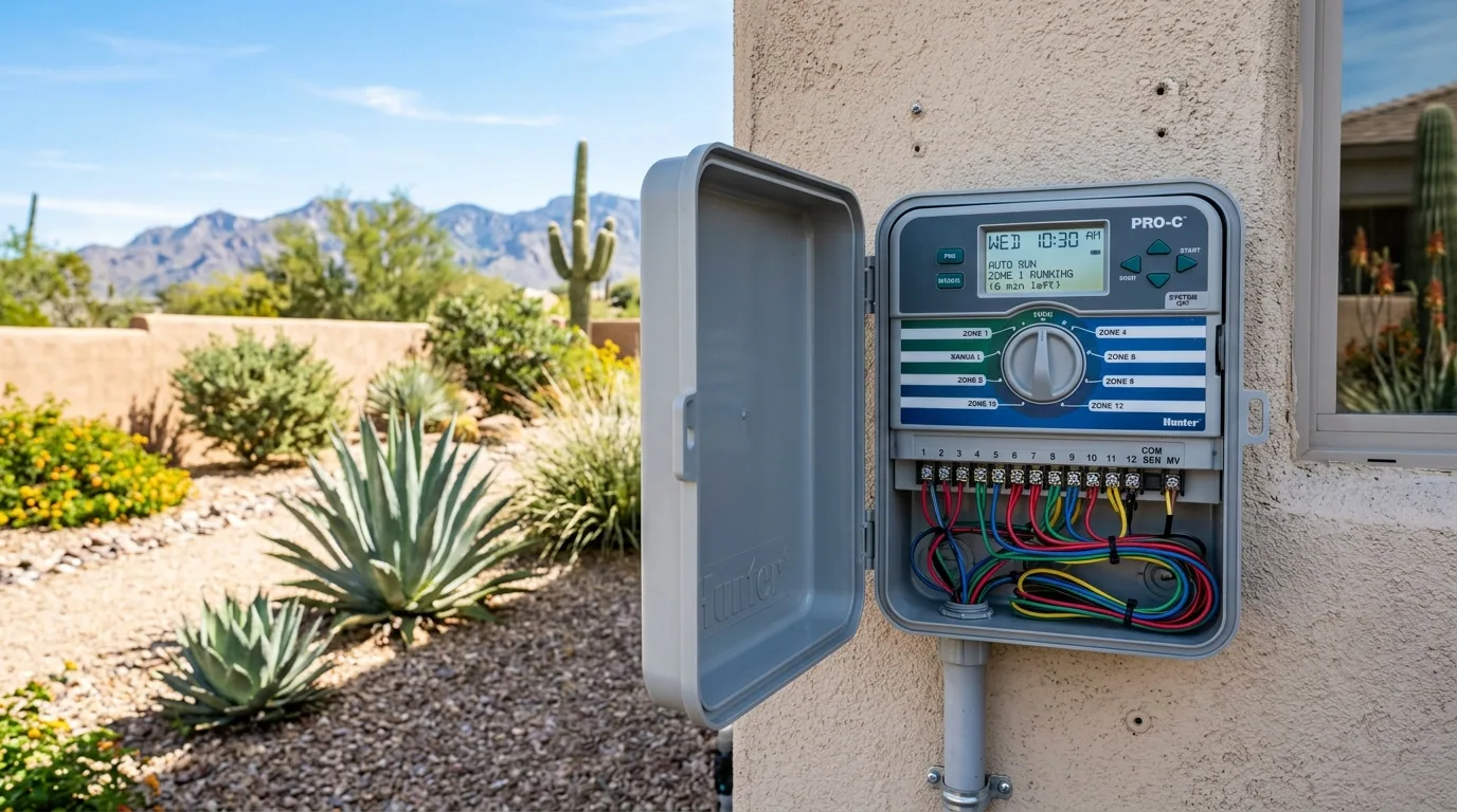 Open irrigation controller mounted on a house wall showing the zone schedule display and wiring