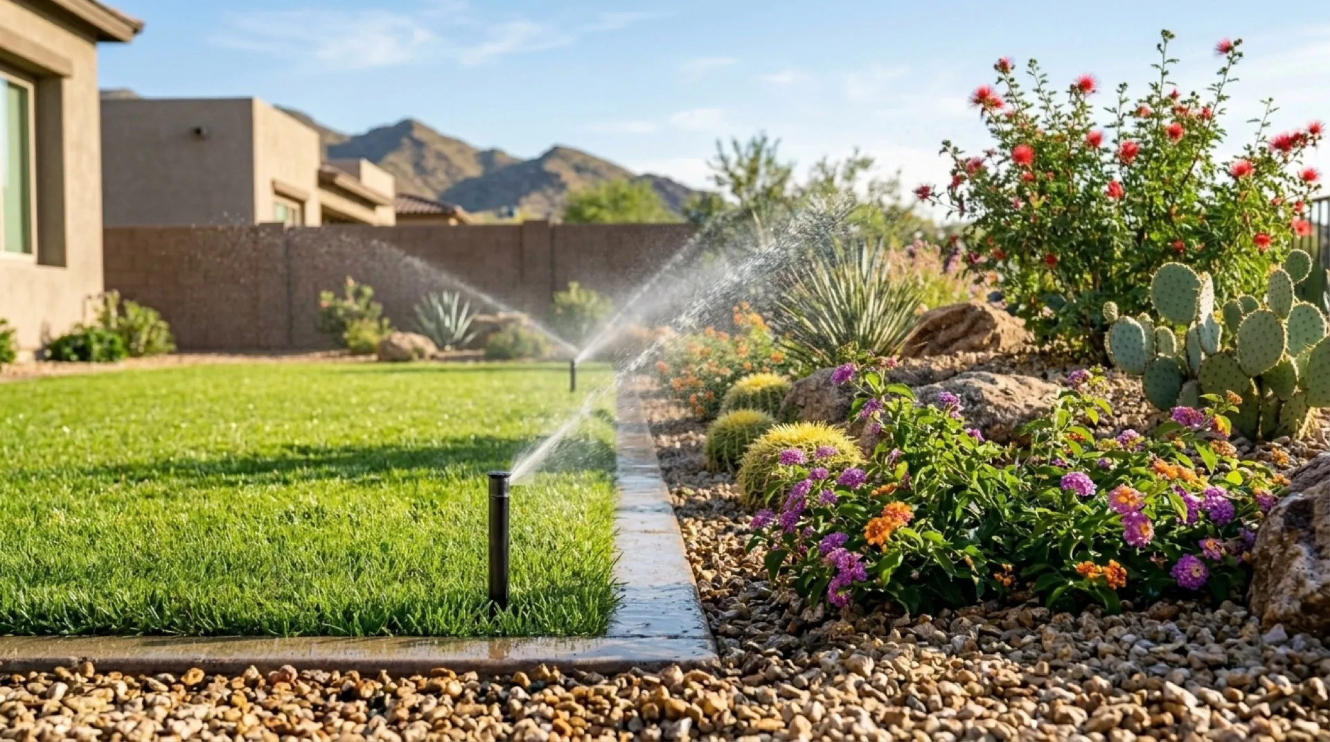 Sprinkler system spraying water across a green Arizona yard
