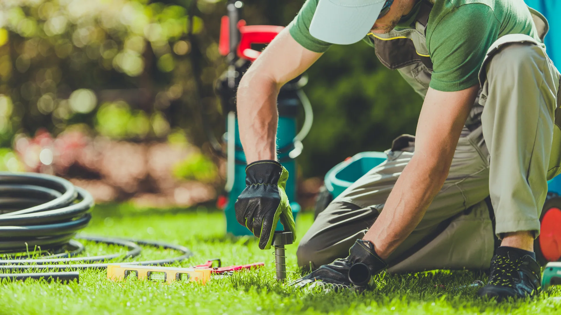 Irrigation technician servicing a sprinkler head in a lawn