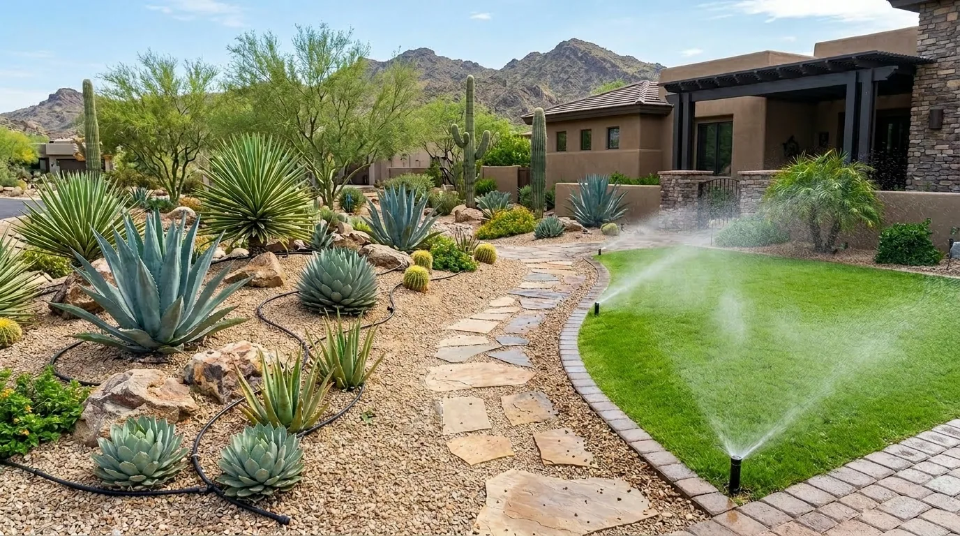 Arizona yard with drip-irrigated desert plants and a separate sprinkler-watered turf zone