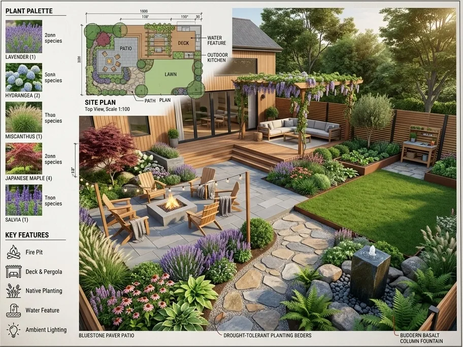 Landscape design mockup board with site plan, plant palette, and a rendered view of the finished yard