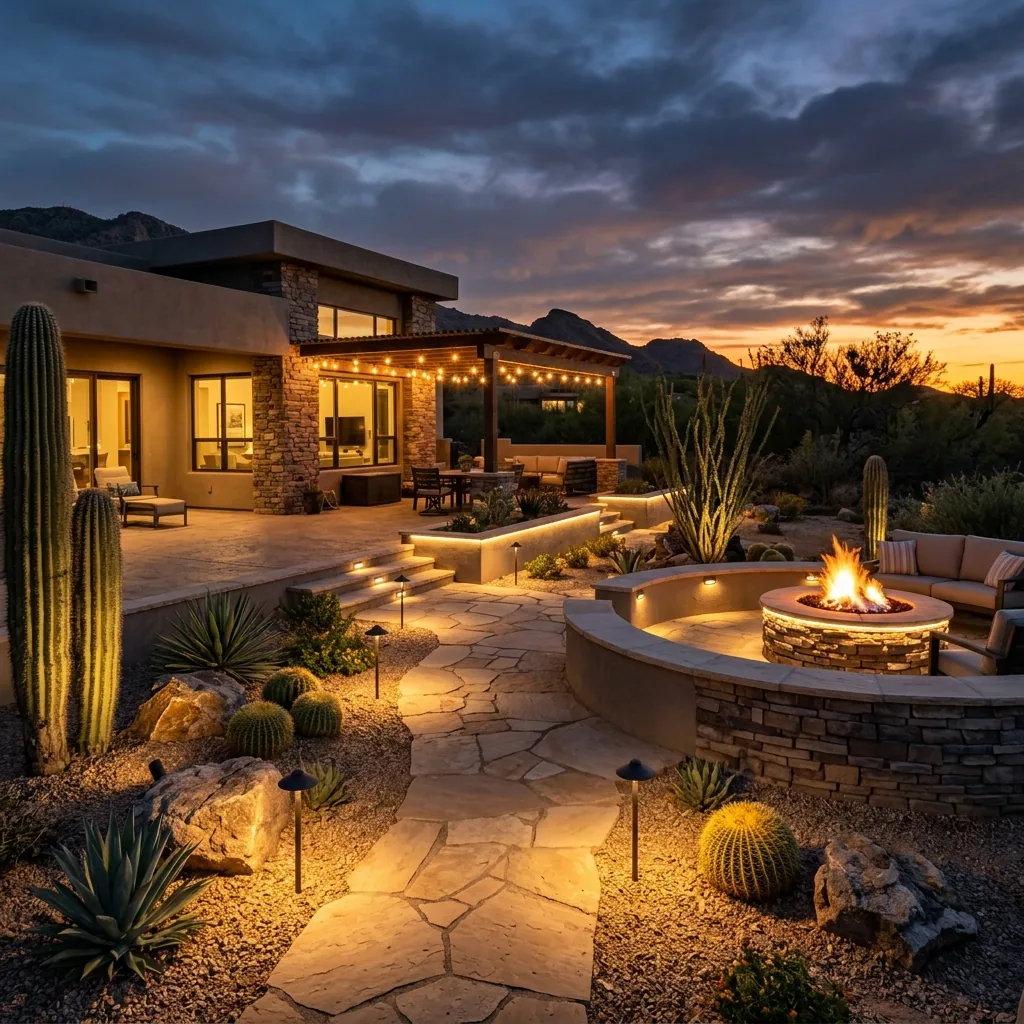 Arizona backyard with integrated LED path and step lights, uplit cacti, and a fire pit at dusk