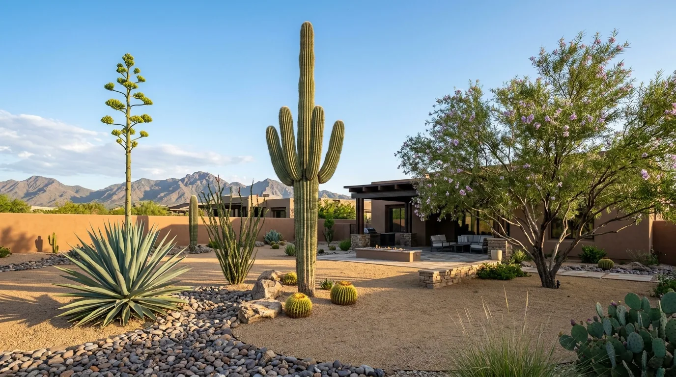 Arizona backyard with well-spaced desert plants including a saguaro, agave, barrel cacti, and a flowering tree with mountain views
