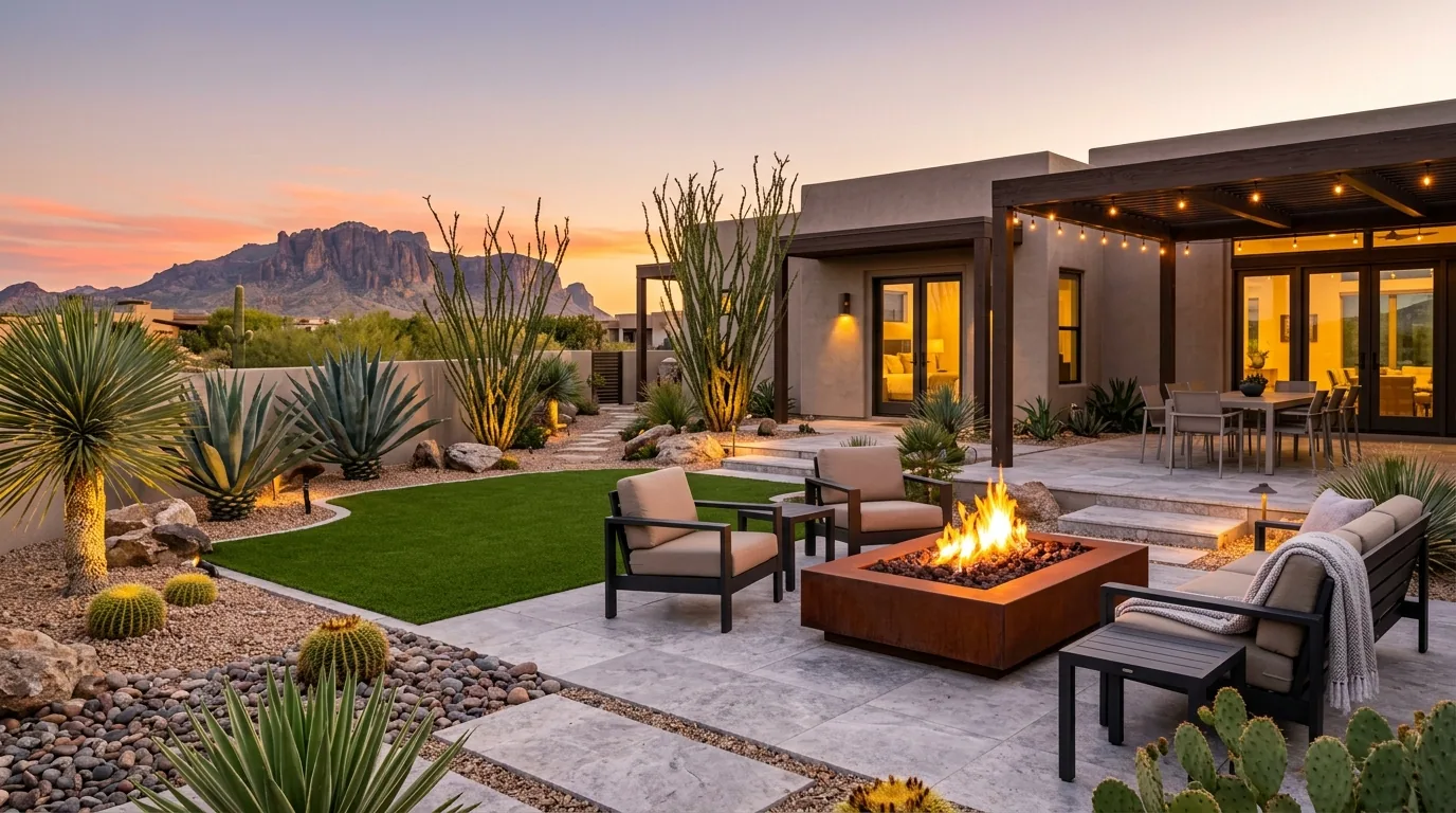 Desert backyard with a fire pit, turf, and drought-tolerant agave, ocotillo, and cacti at dusk