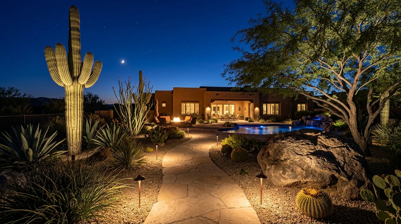 Desert backyard at night with a flagstone path lit by low-voltage path light fixtures and an uplit saguaro