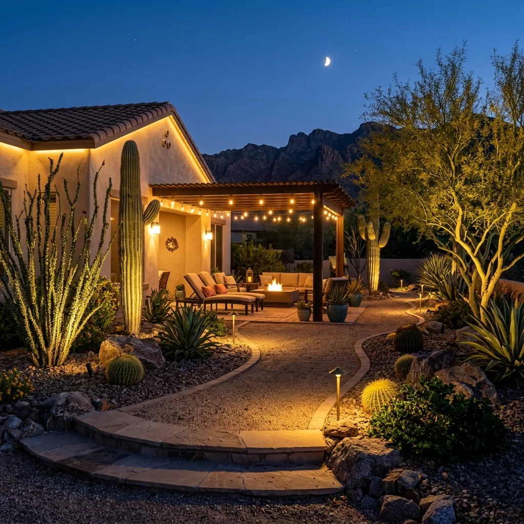 Desert backyard at dusk with low-voltage path light fixtures along a decomposed-granite walkway and uplit cacti