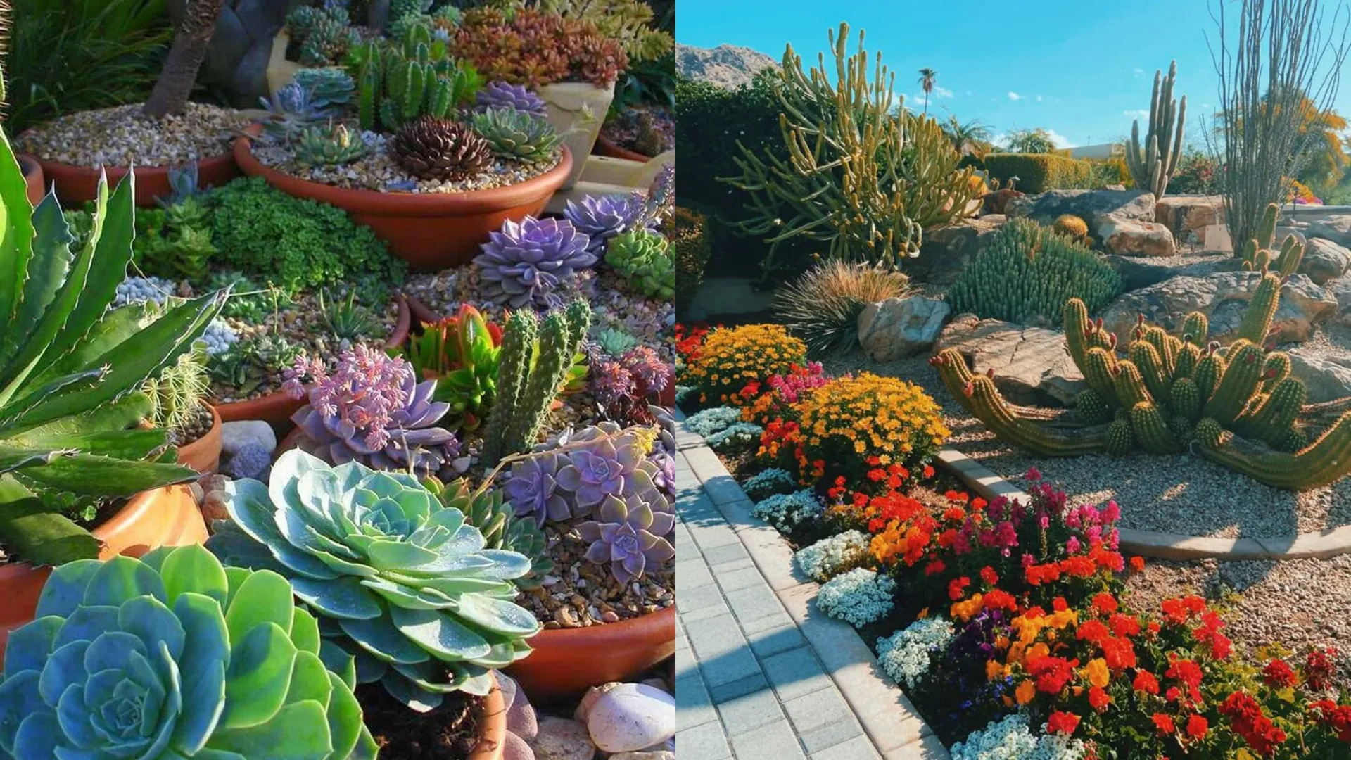 Desert succulents in containers beside a colorful cactus garden