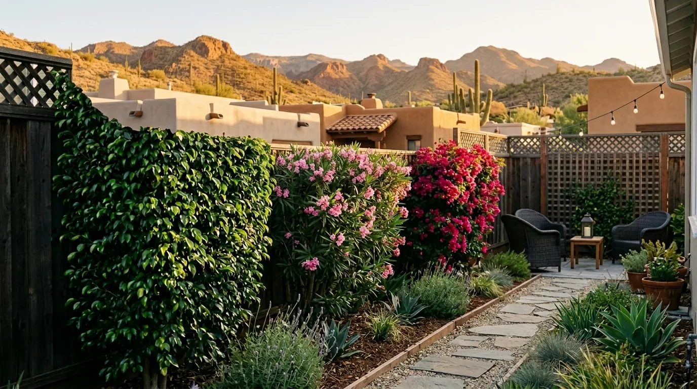Ficus, oleander, and bougainvillea screening hedges along a backyard wall with desert mountain views