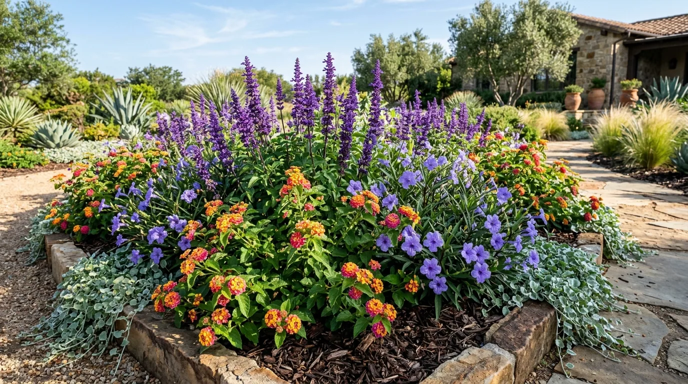Garden bed of lantana, salvia, ruellia, and trailing groundcover bordered with stone