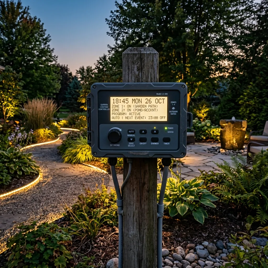 Landscape LED lighting timer and control panel mounted in a lit garden at dusk