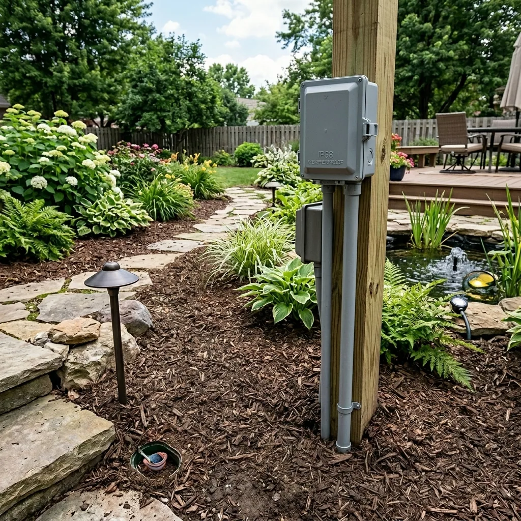 Low-voltage transformer and weatherproof wiring connections in a backyard lighting setup