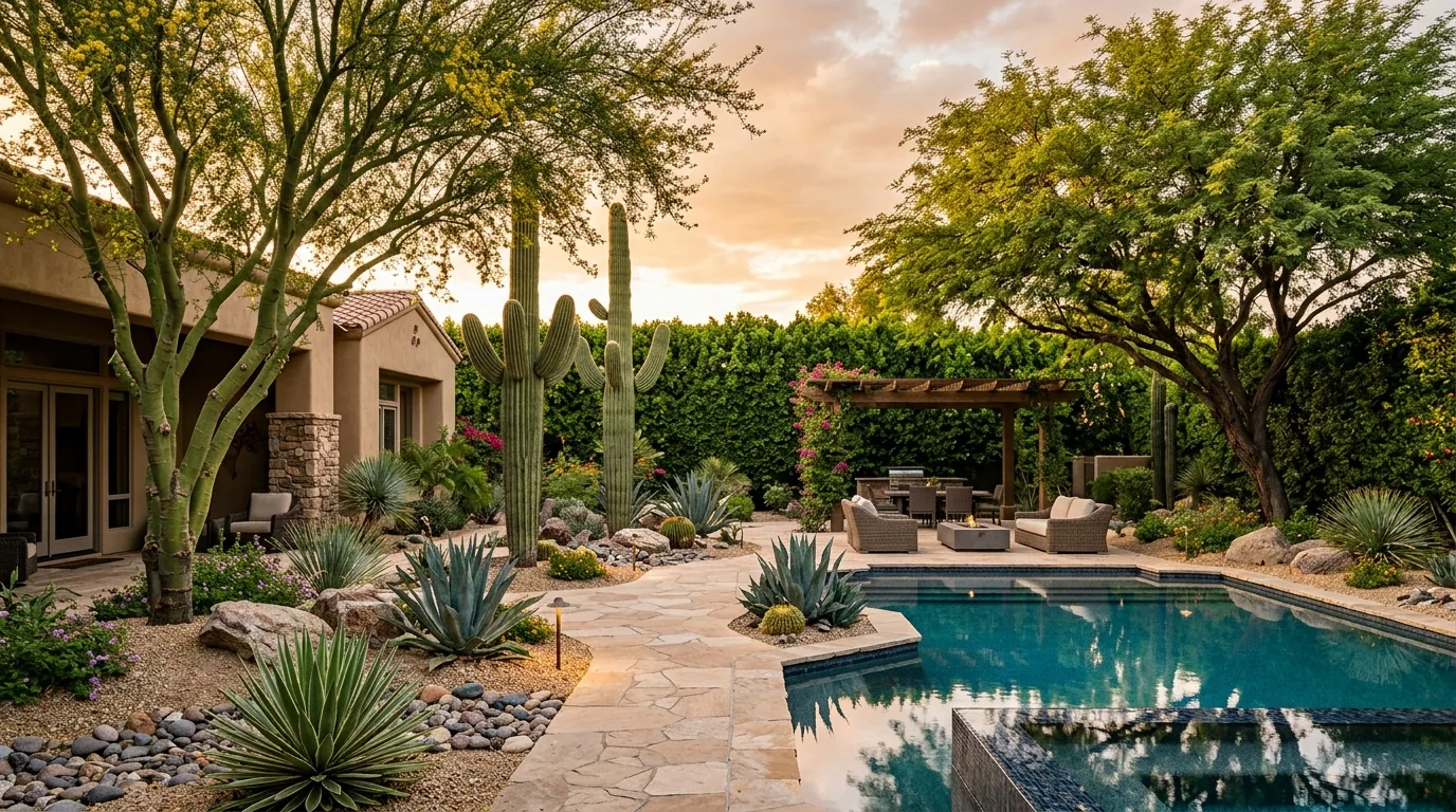 Luxurious Arizona backyard with mature shade trees, tall saguaros, and a pool at sunset