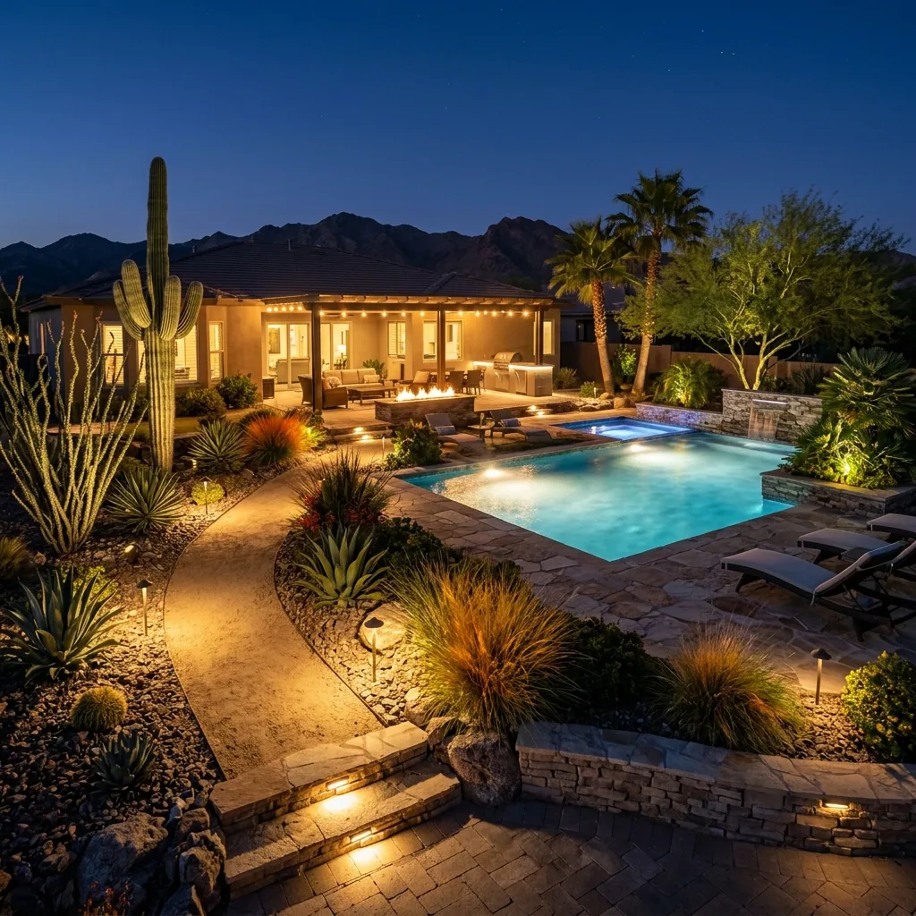 Luxury Arizona backyard with layered path, step, pool, and string lighting at dusk