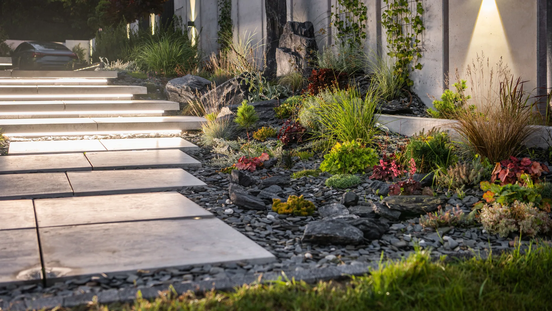 Step lights illuminating a walkway beside a planted rock garden at dusk