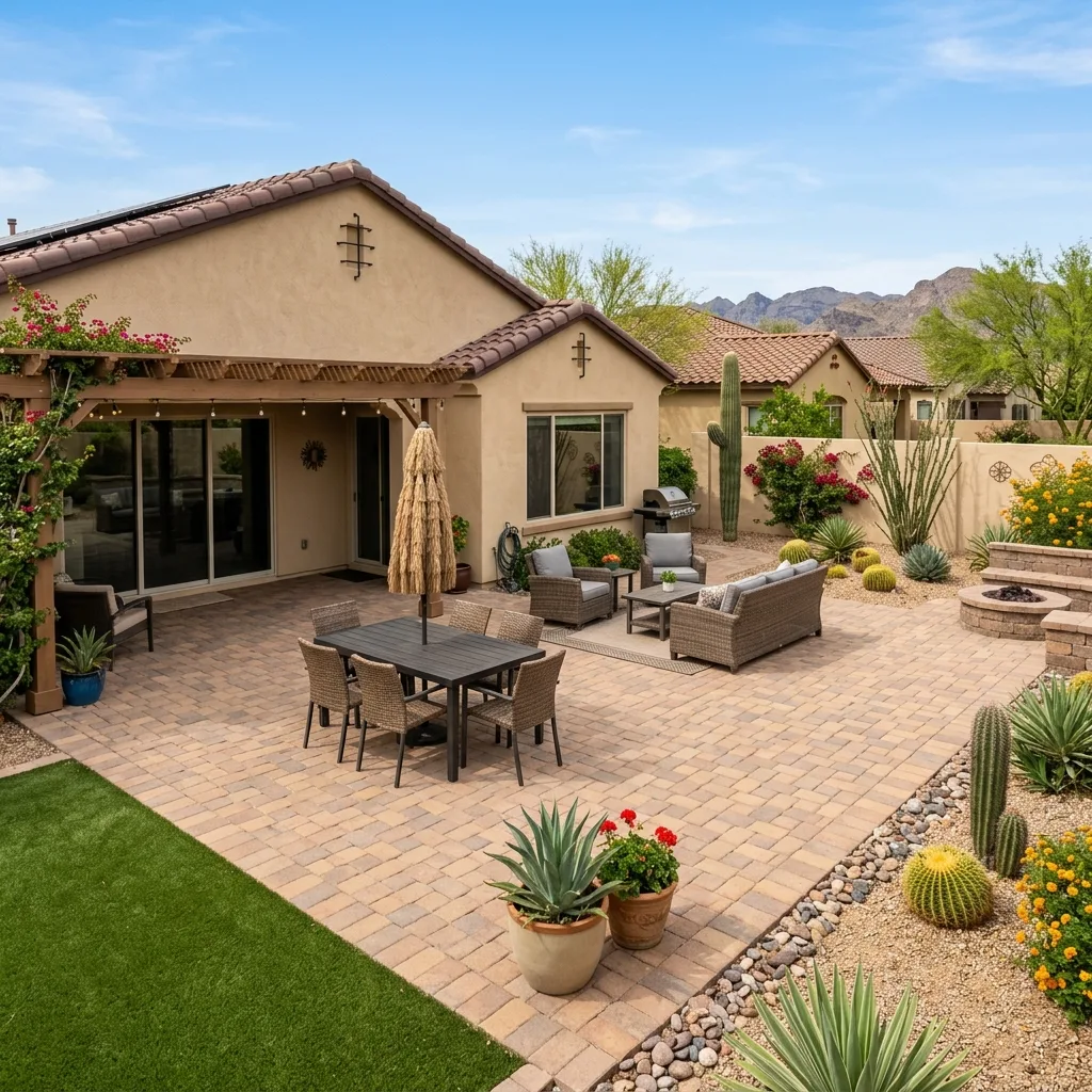 Herringbone interlocking concrete paver patio with a pergola and outdoor kitchen in an Arizona backyard