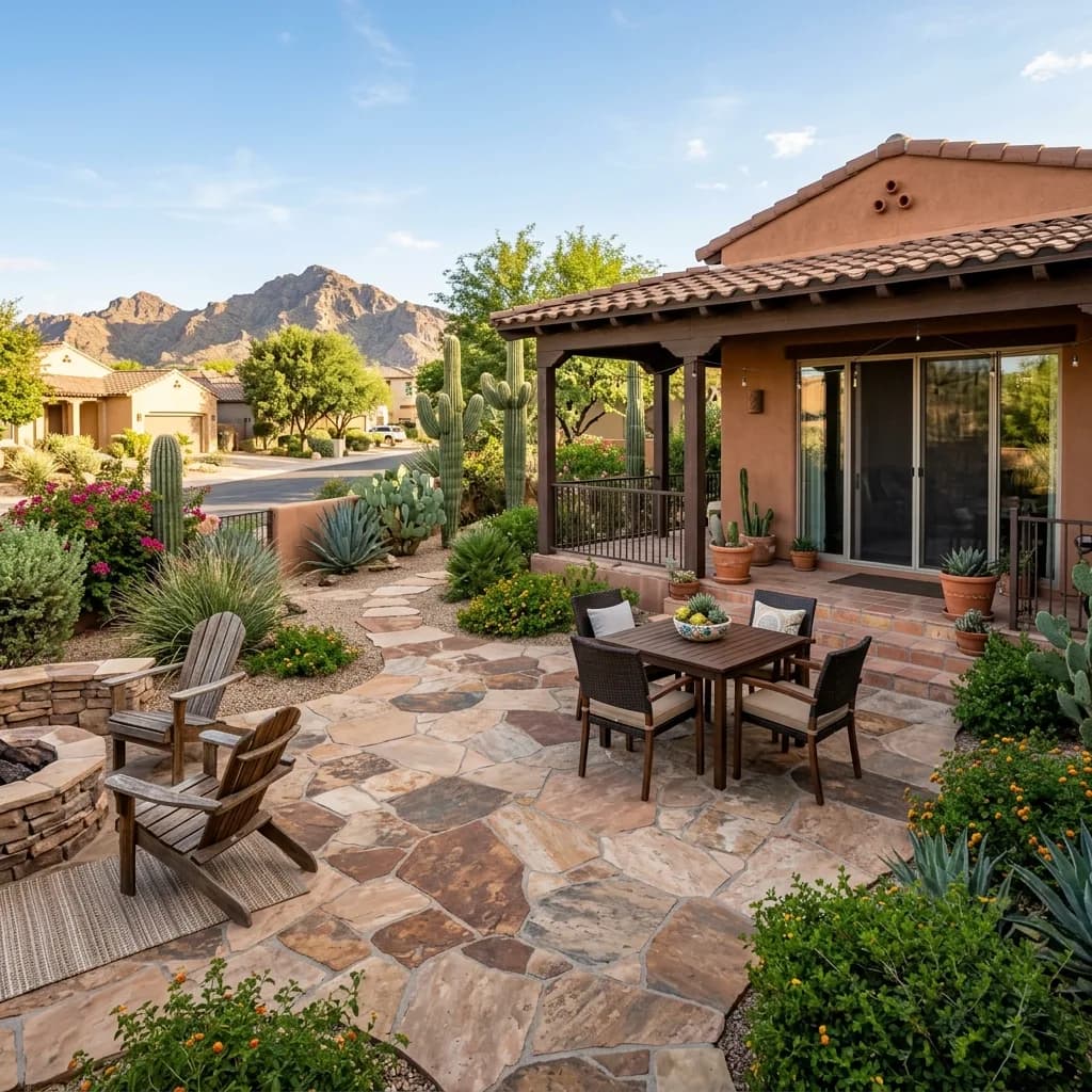 Natural flagstone patio with a dining set and fire pit in an Arizona desert backyard with mountain views