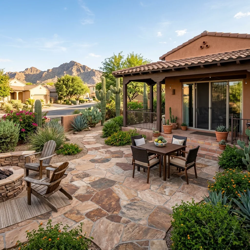 Natural flagstone patio with a dining set and fire pit in an Arizona desert backyard with mountain views