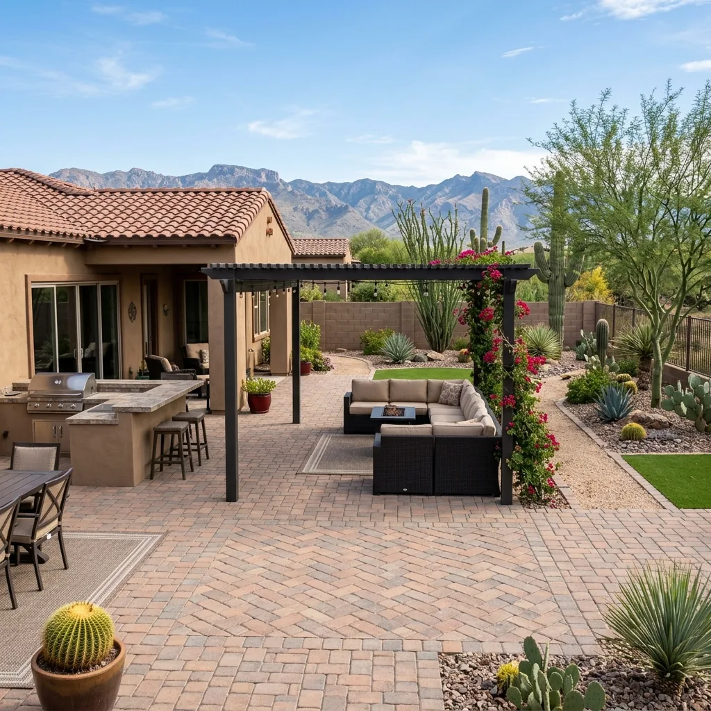 Paver patio dining area with a wood pergola and desert landscaping in a Phoenix backyard