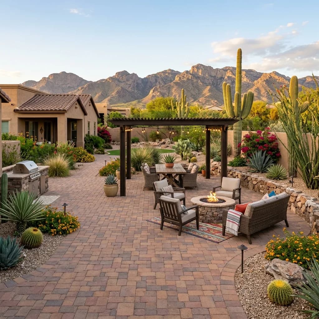Paver patio with a fire pit, pergola, and string lights in a desert backyard with mountain views