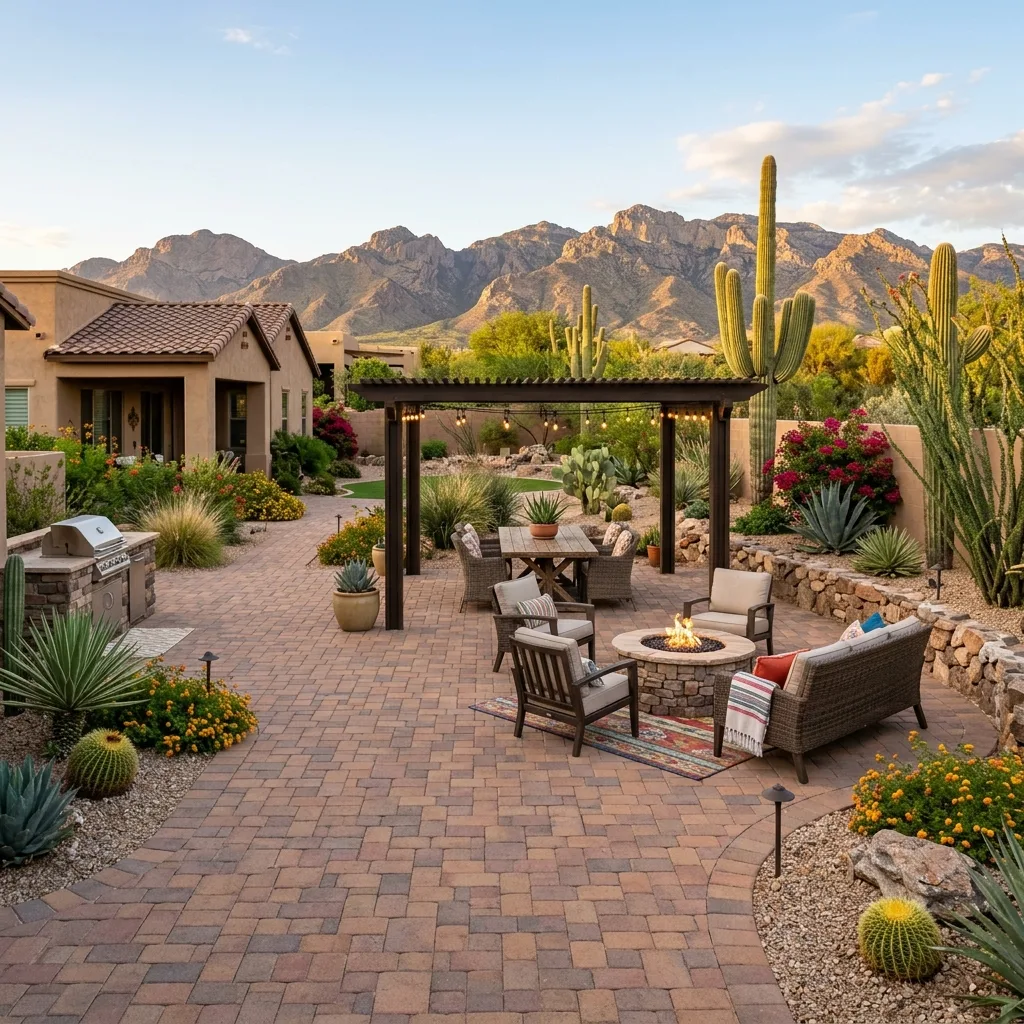 Paver patio with a fire pit, pergola, and string lights in a desert backyard with mountain views