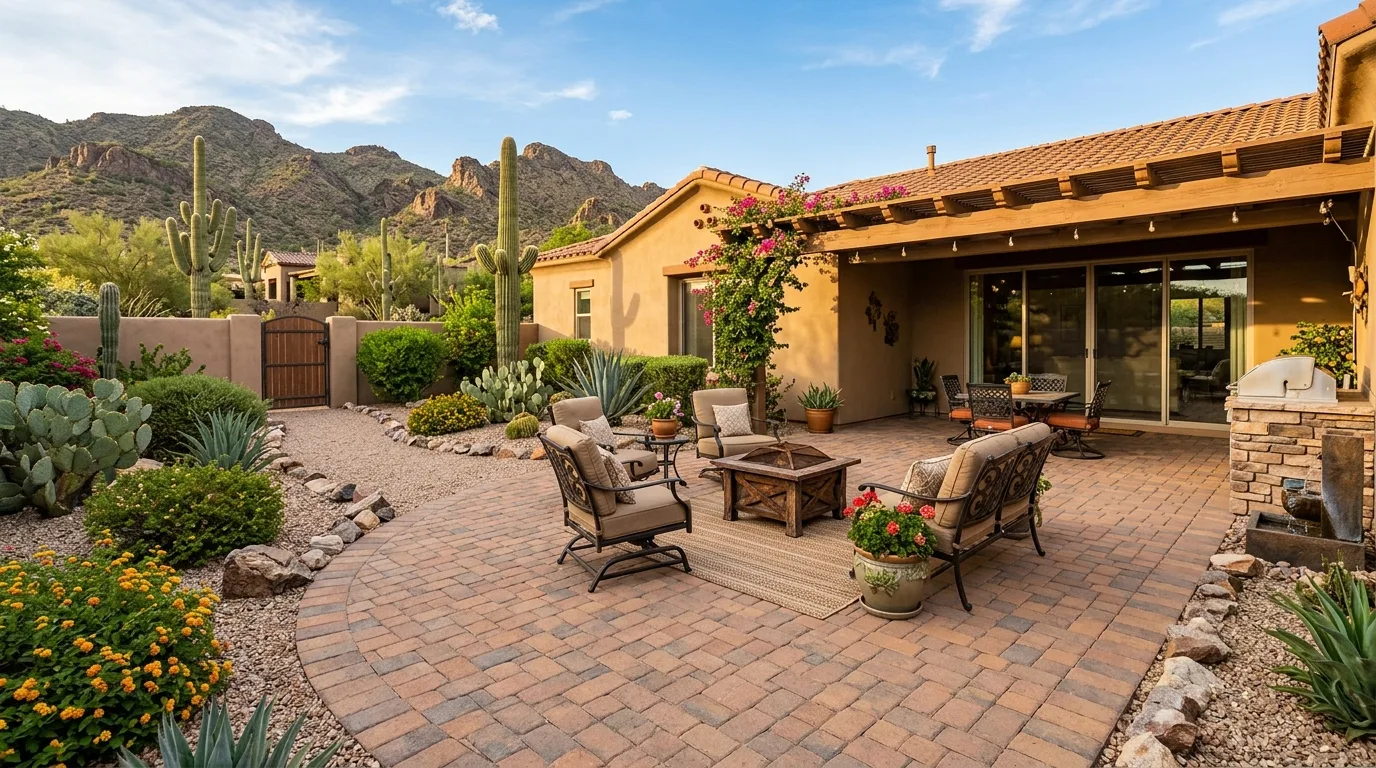 Curved paver patio with a fire table and cushioned seating in a Phoenix desert backyard with saguaros and mountain views