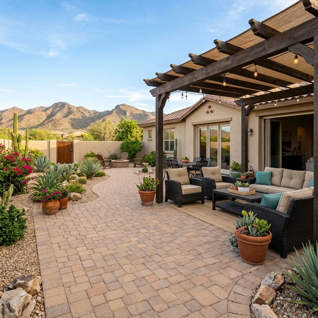 Herringbone paver patio with an outdoor kitchen island, sectional seating, and turf in an Arizona backyard