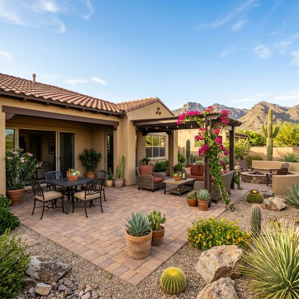 Phoenix paver patio with a pergola, bougainvillea, and outdoor lounge and dining furniture