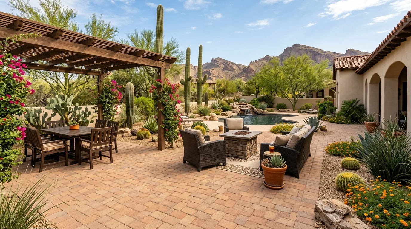 Paver patio with a wood pergola, dining and lounge seating, and a pool in an Arizona desert backyard