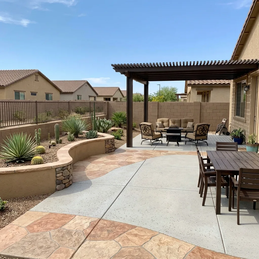 Poured concrete patio with a decorative stamped border, pergola, and seat wall in an Arizona backyard