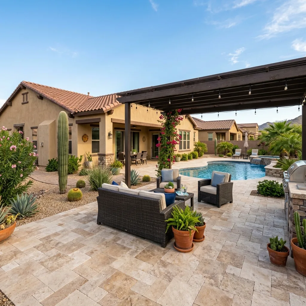 Travertine paver patio with a pergola, lounge seating, and pool in an Arizona backyard