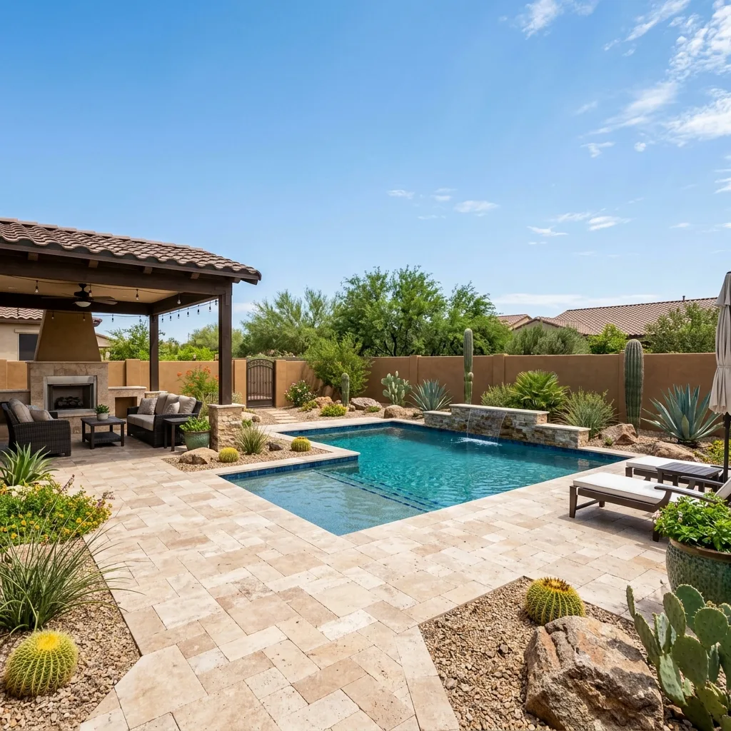 Travertine pool deck and patio with a ramada and loungers around a pool in an Arizona backyard