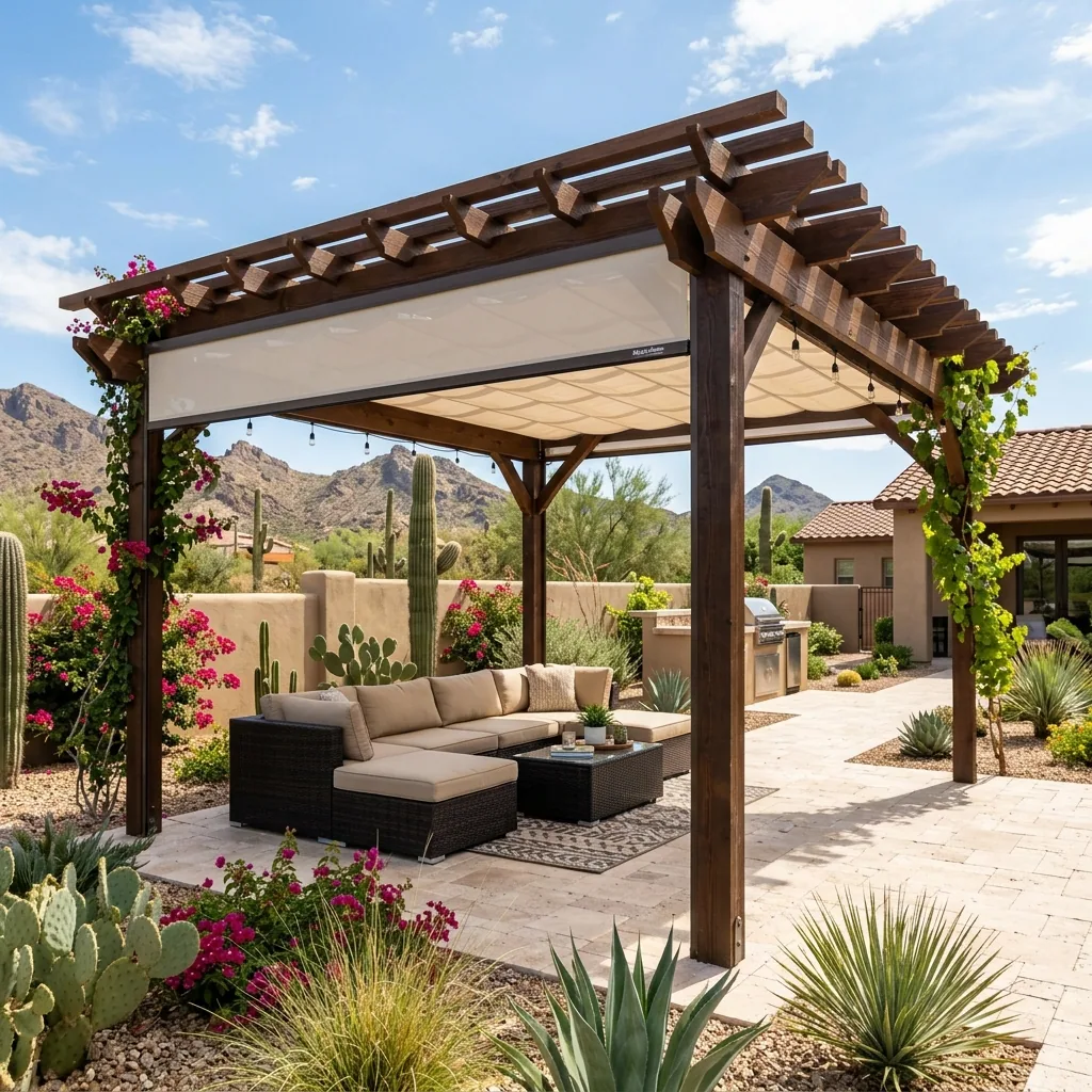 Wood pergola with a retractable canopy shade cover over a backyard lounge in the desert