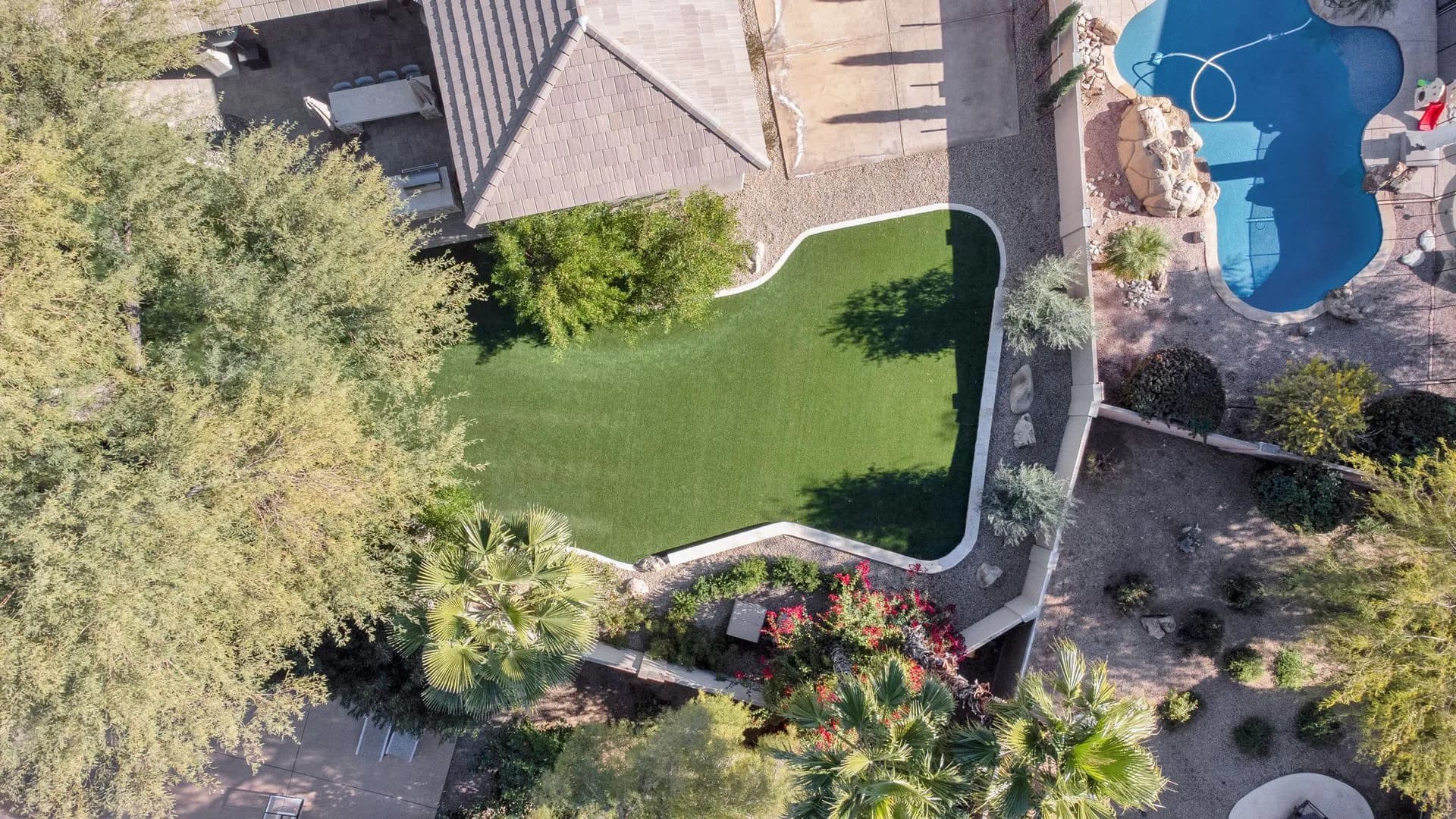 Aerial view of a Diamond Cut Landscape backyard