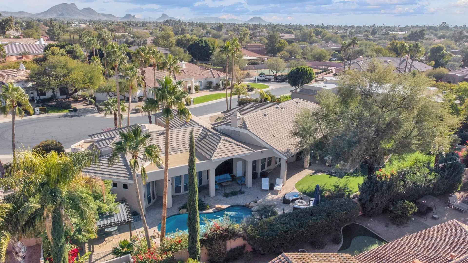 Aerial of a phased backyard renovation in the Phoenix area