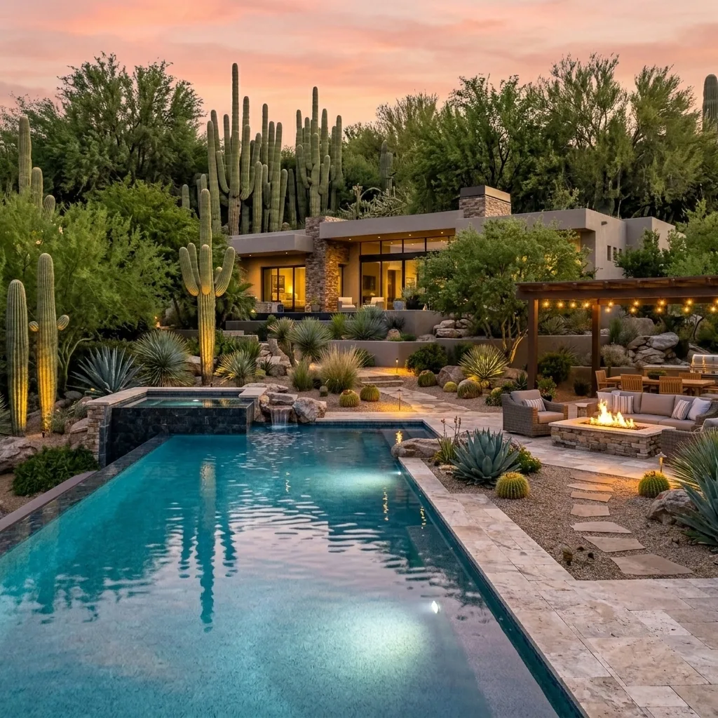 Luxury Arizona backyard at sunset with a pool, spa, fire-pit lounge, pergola, and desert planting