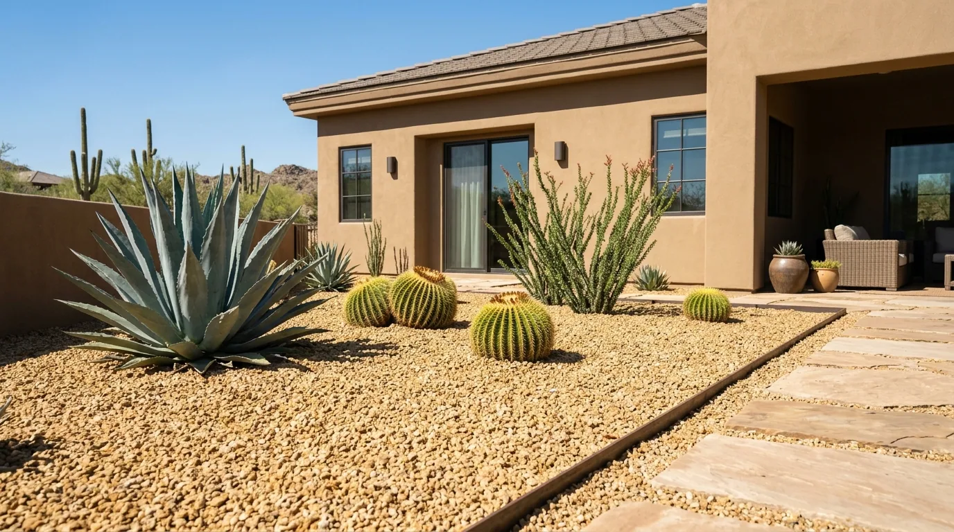 Clean decorative granite ground cover with agave, barrel cacti, and stone steppers at a desert home
