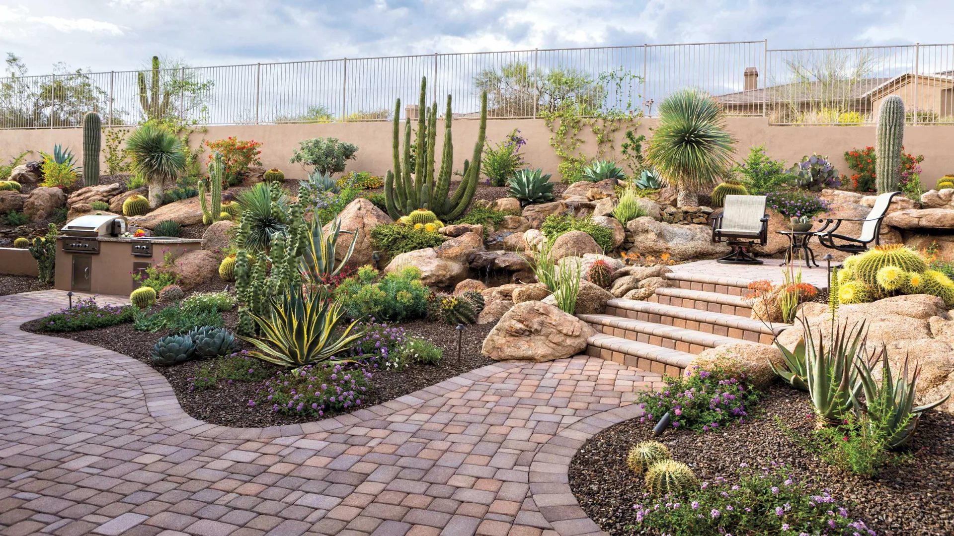 Desert rock garden with hand-set boulders, cacti, decorative granite, and paver steps