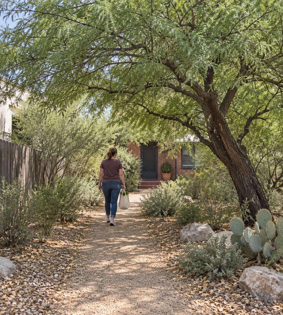 Person walking a gravel path under a raised mesquite canopy